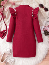 Toddler Girls Long Sleeve Ruffle Beaded High Neck Dress, Cute, Comfy, Elegant Fashion, Autumn 2024